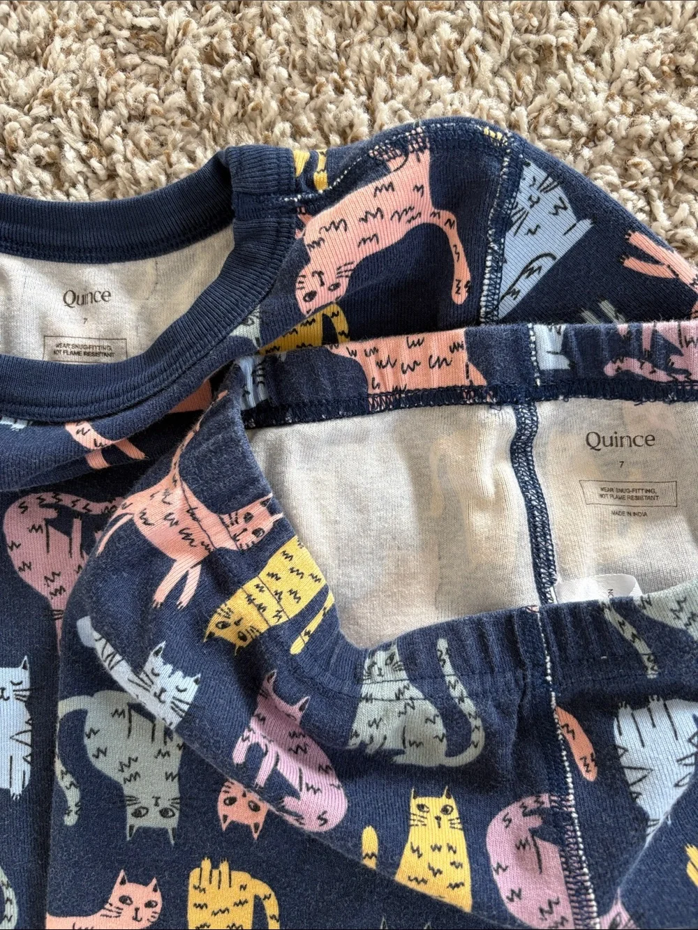 Quince Navy Short-Sleeve Cat Print Pajama Set - Pink, Yellow, Blue, Green, Gray